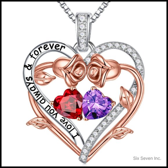 Rose Heart Birthstone Necklace Elegant Sterling Silver Pendant Jewelry Gift